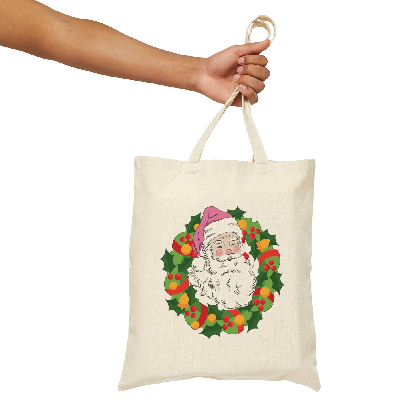 Vintage Retro Pink Santa Christmas Wreath Canvas Shopping Cotton Tote Bag