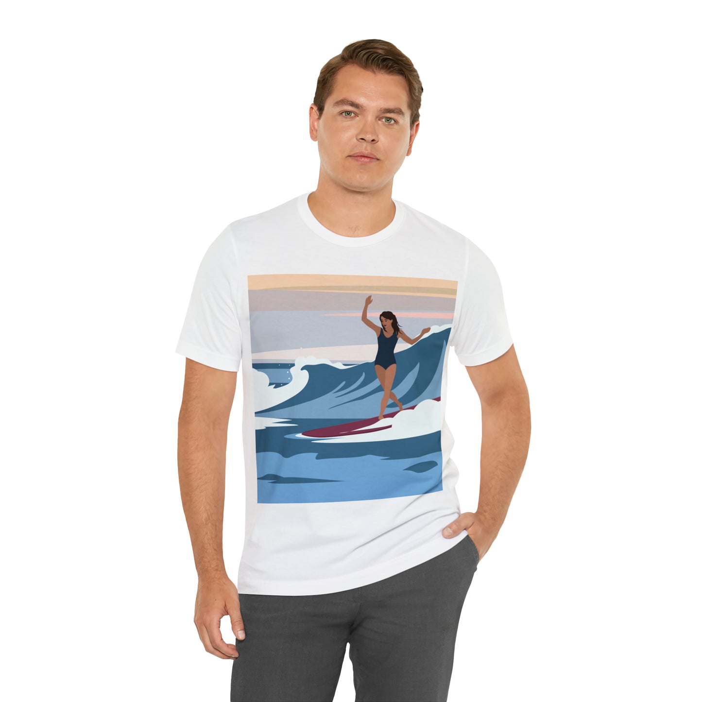 Serenity by the Sea Woman Surfing Art Unisex Jersey Short Sleeve T-Shirt