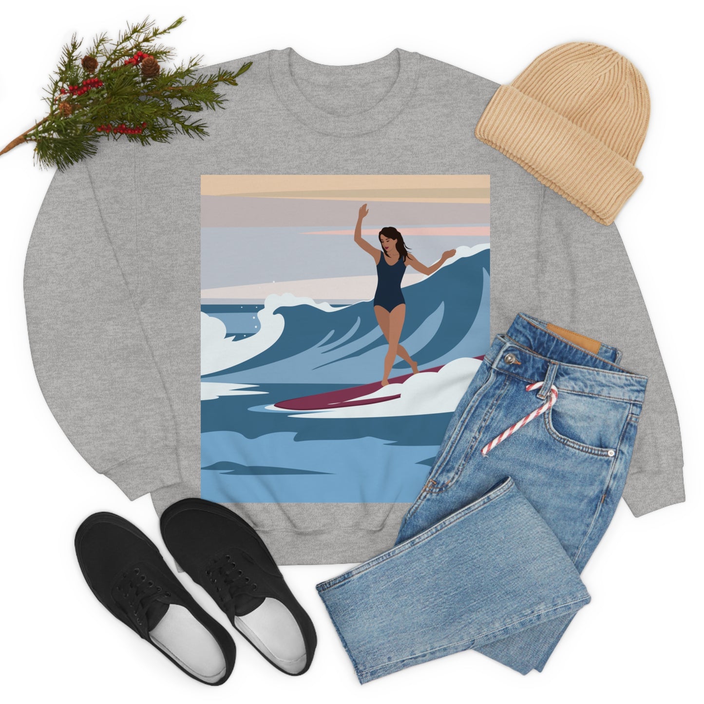 Serenity by the Sea Woman Surfing Art Unisex Heavy Blend™ Crewneck Sweatshirt