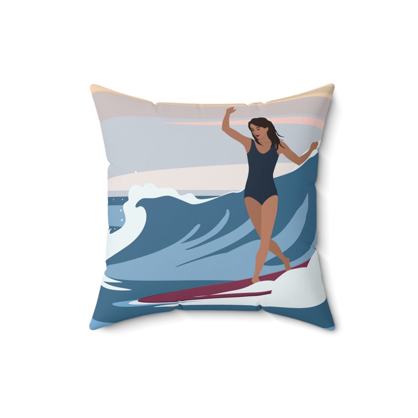 Serenity by the Sea Woman Surfing Art Spun Polyester Square Pillow