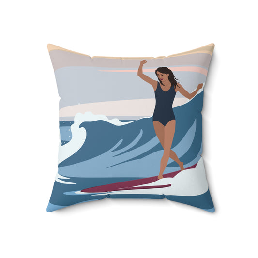 Serenity by the Sea Woman Surfing Art Spun Polyester Square Pillow