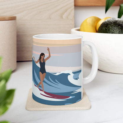 Serenity by the Sea Woman Surfing Art Ceramic Mug 11oz