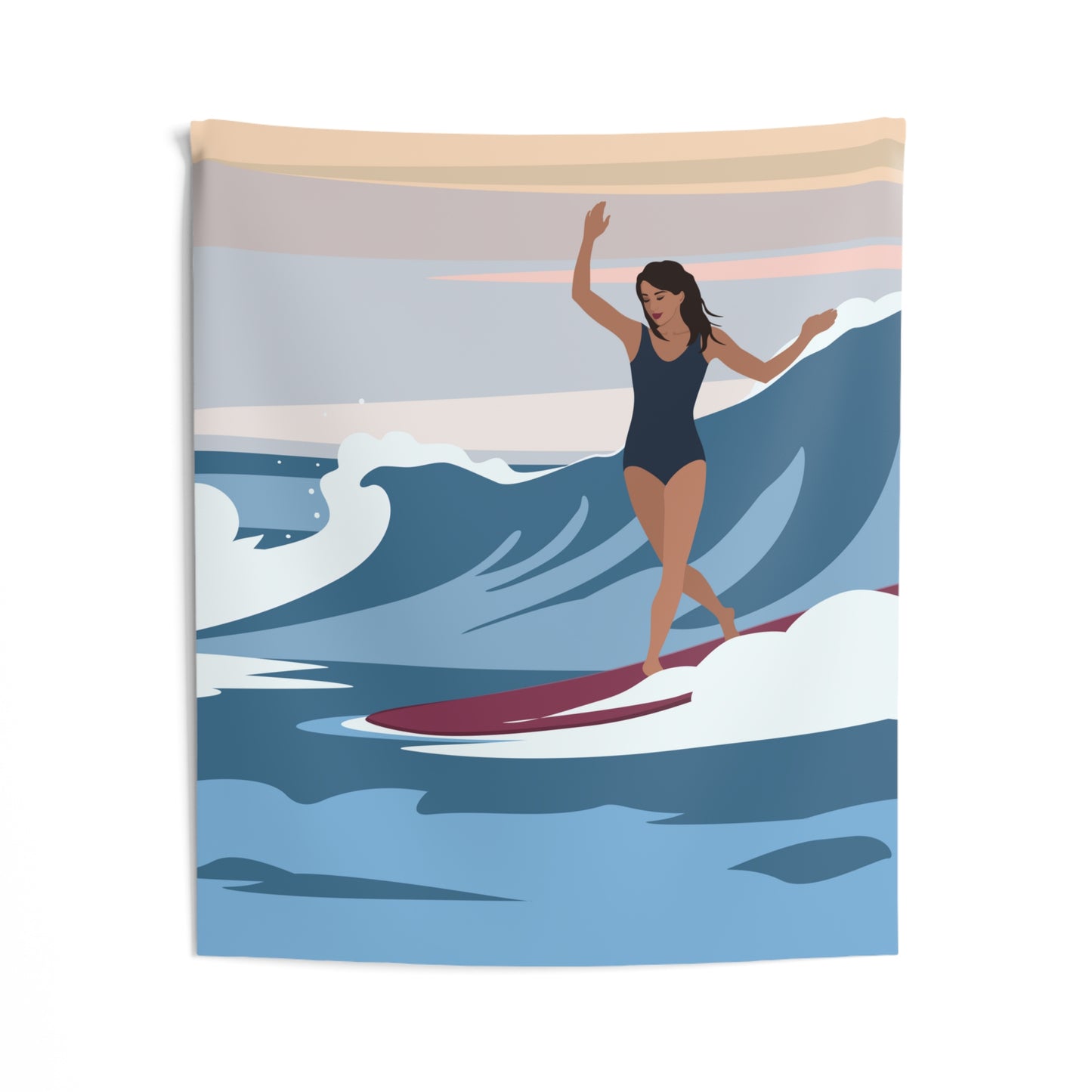 Serenity by the Sea Woman Surfing Art Indoor Wall Tapestries