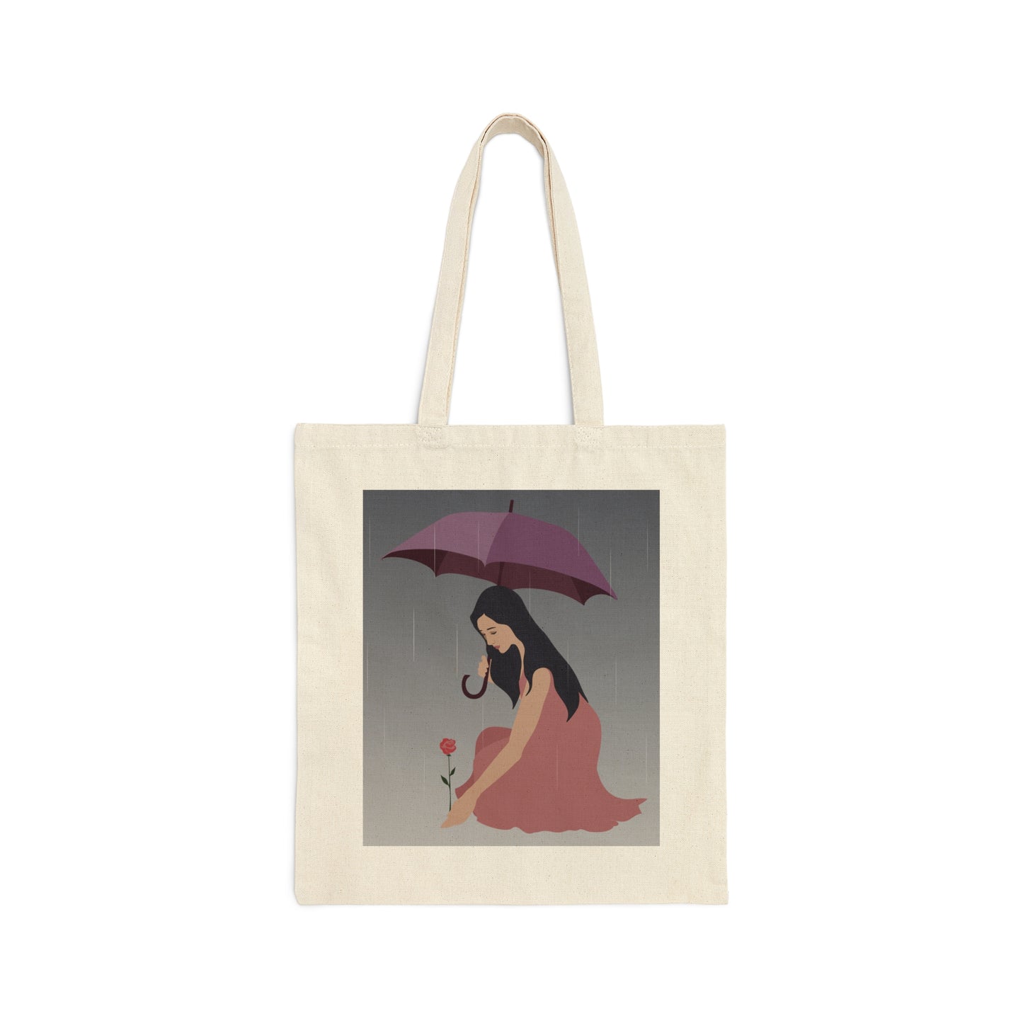 Woman with Umbrella Cartoon Art Walking in the Rain Canvas Shopping Cotton Tote Bag