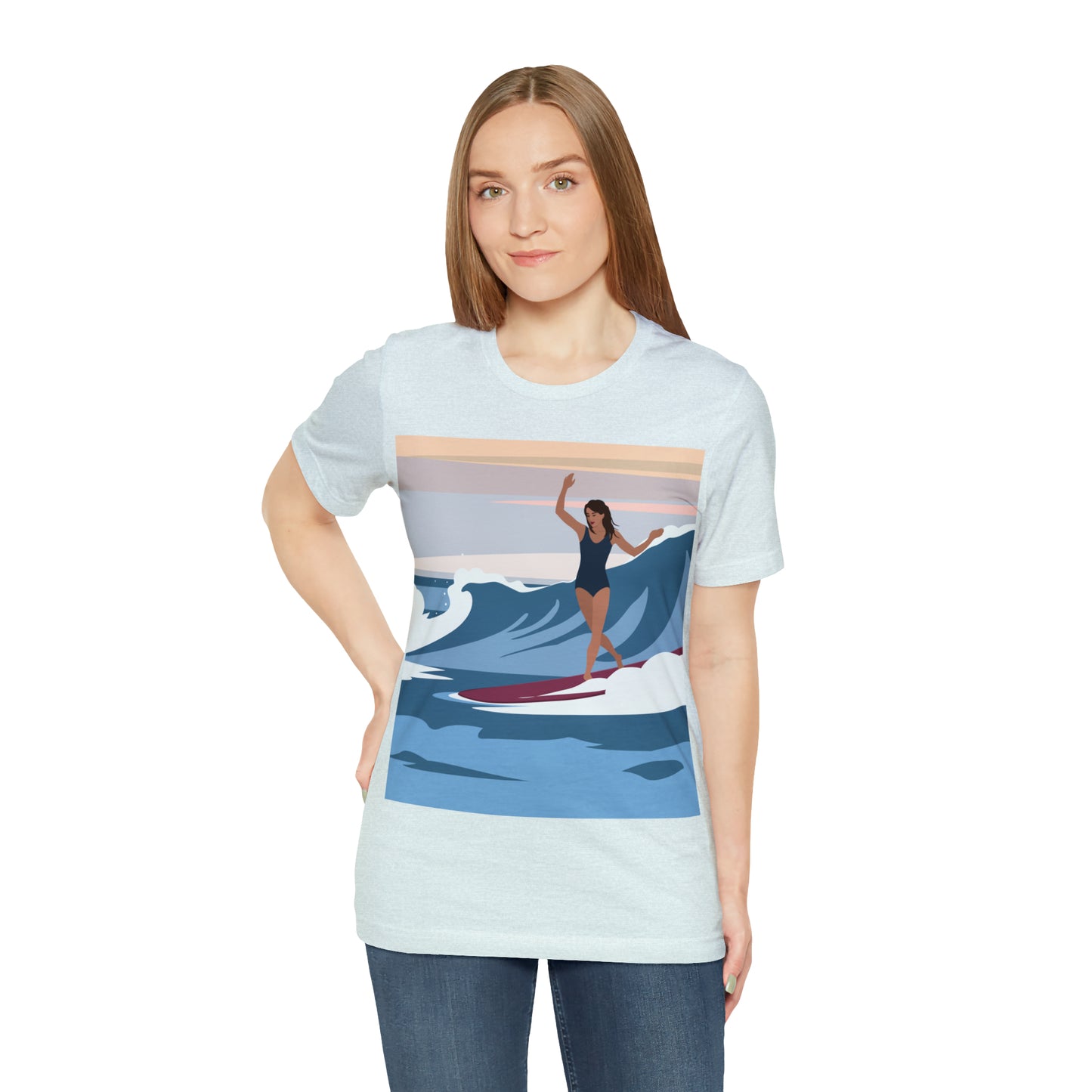 Serenity by the Sea Woman Surfing Art Unisex Jersey Short Sleeve T-Shirt