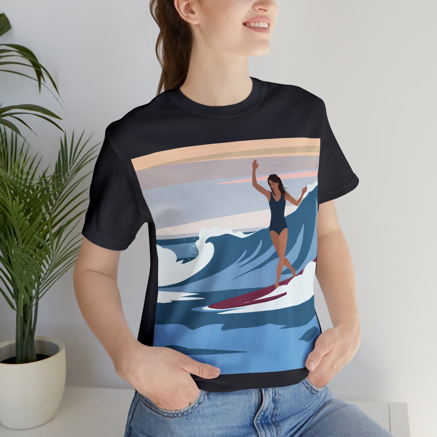 Serenity by the Sea Woman Surfing Art Unisex Jersey Short Sleeve T-Shirt