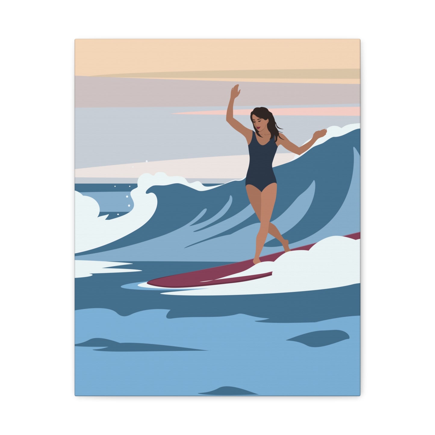 Serenity by the Sea Woman Surfing Art Canvas Aesthetic Canvas Gallery Wraps