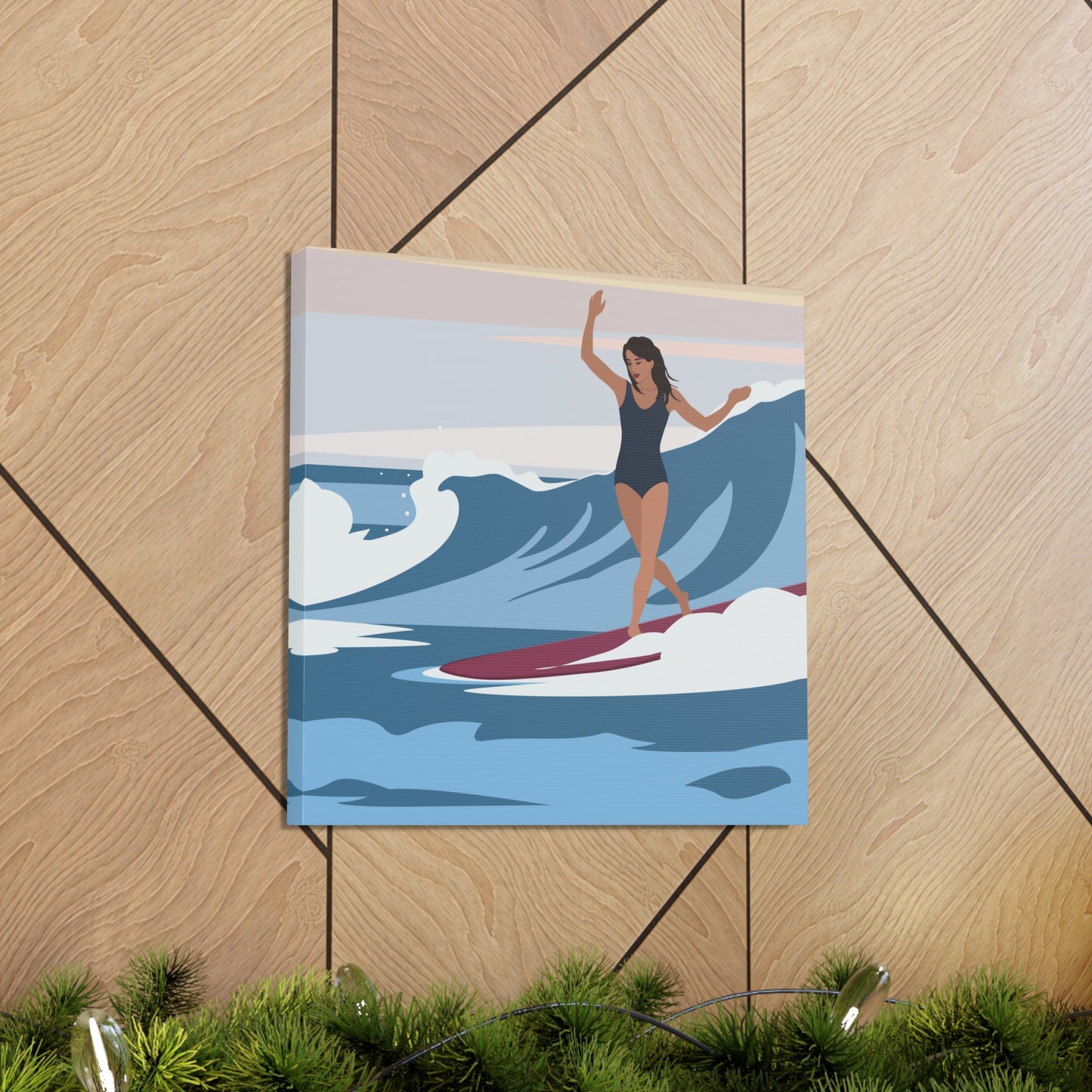 Serenity by the Sea Woman Surfing Art Canvas Aesthetic Canvas Gallery Wraps