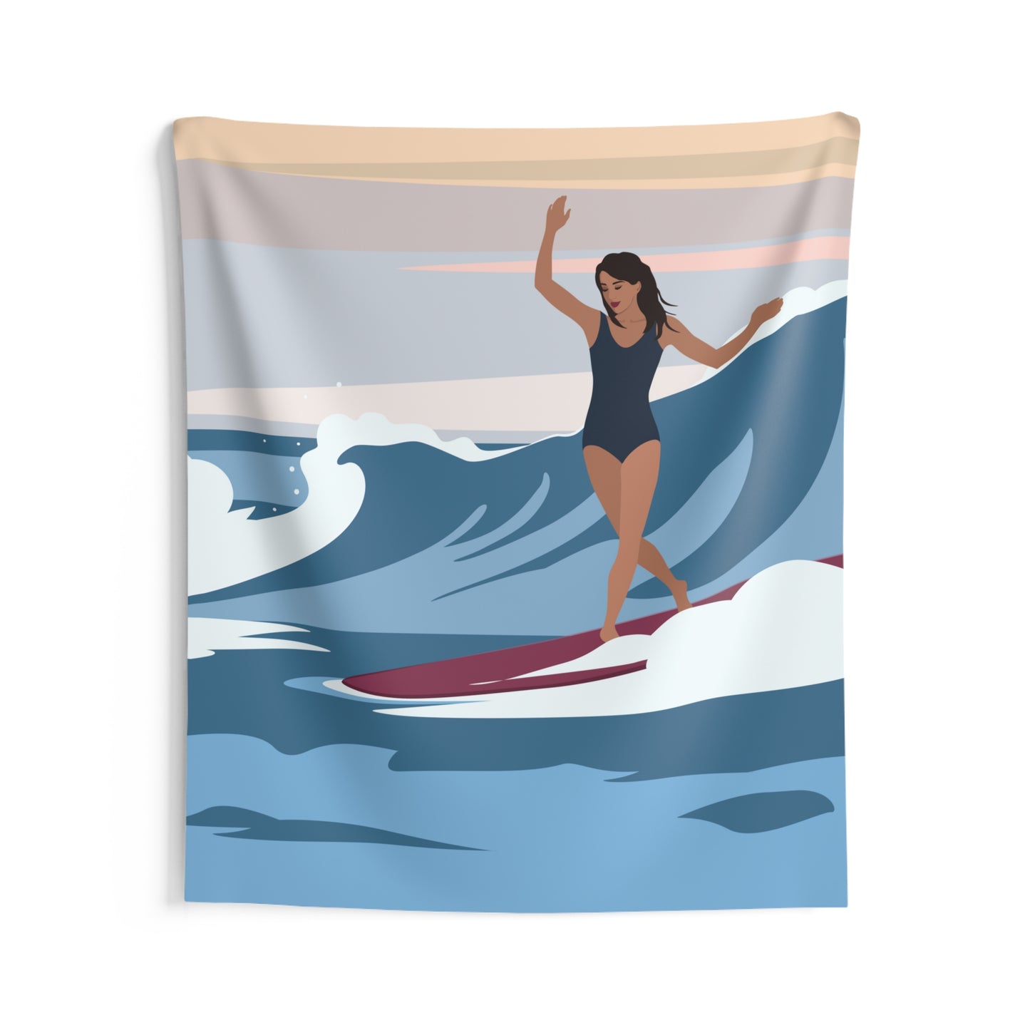 Serenity by the Sea Woman Surfing Art Indoor Wall Tapestries