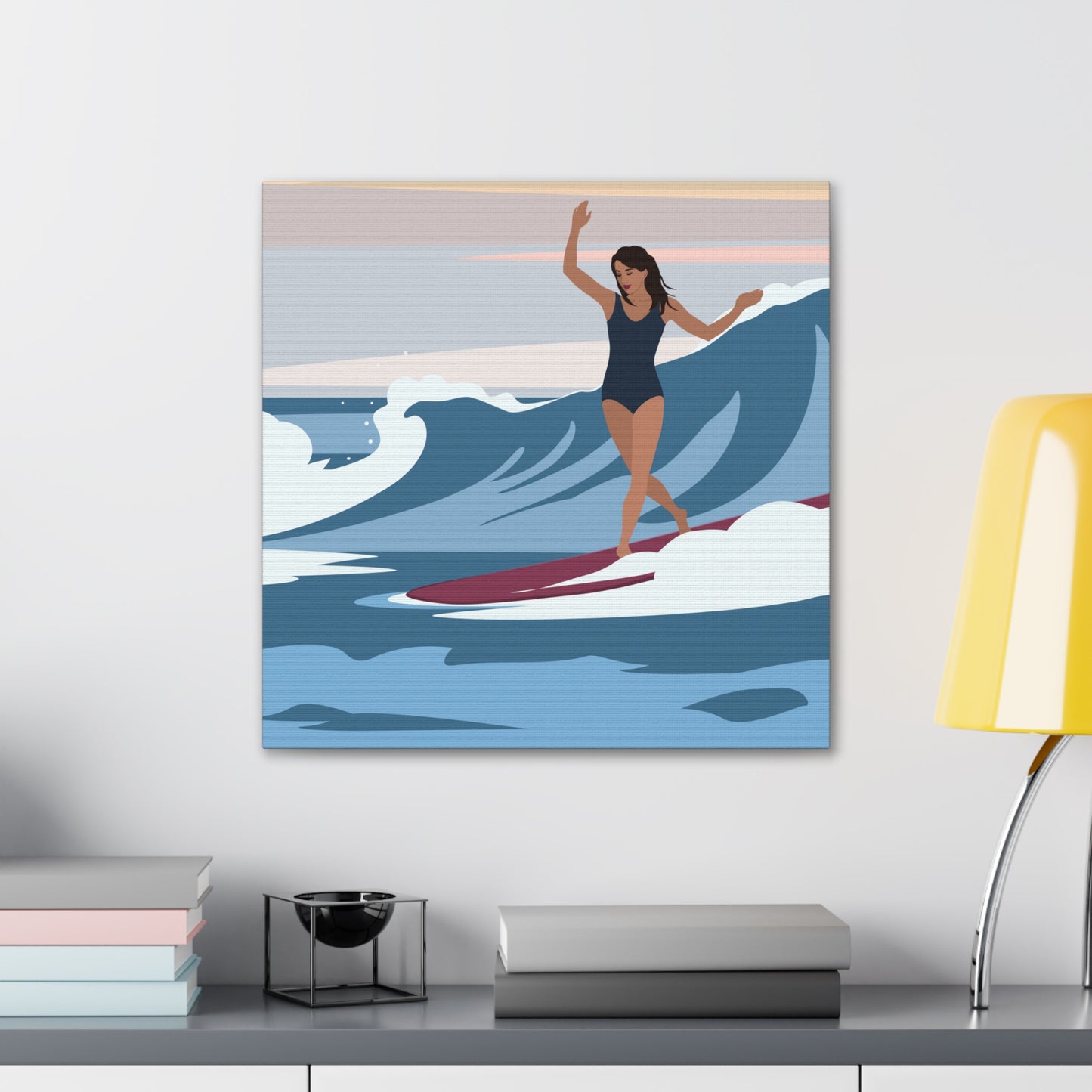 Serenity by the Sea Woman Surfing Art Canvas Aesthetic Canvas Gallery Wraps