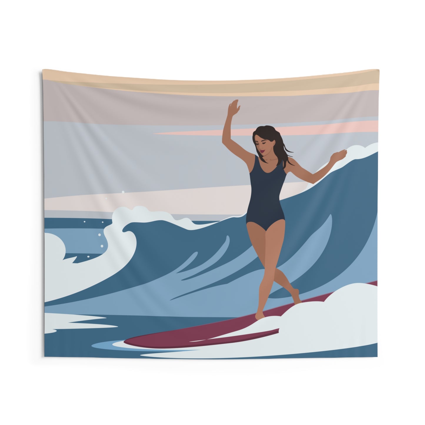 Serenity by the Sea Woman Surfing Art Indoor Wall Tapestries