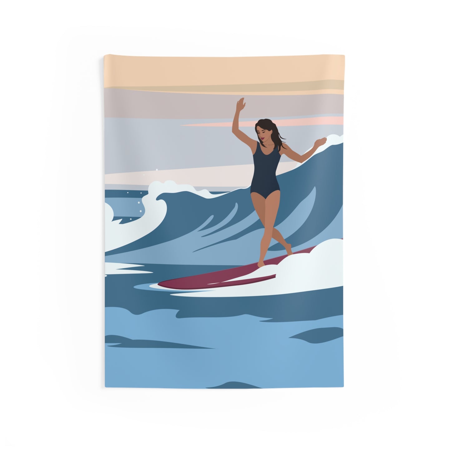 Serenity by the Sea Woman Surfing Art Indoor Wall Tapestries