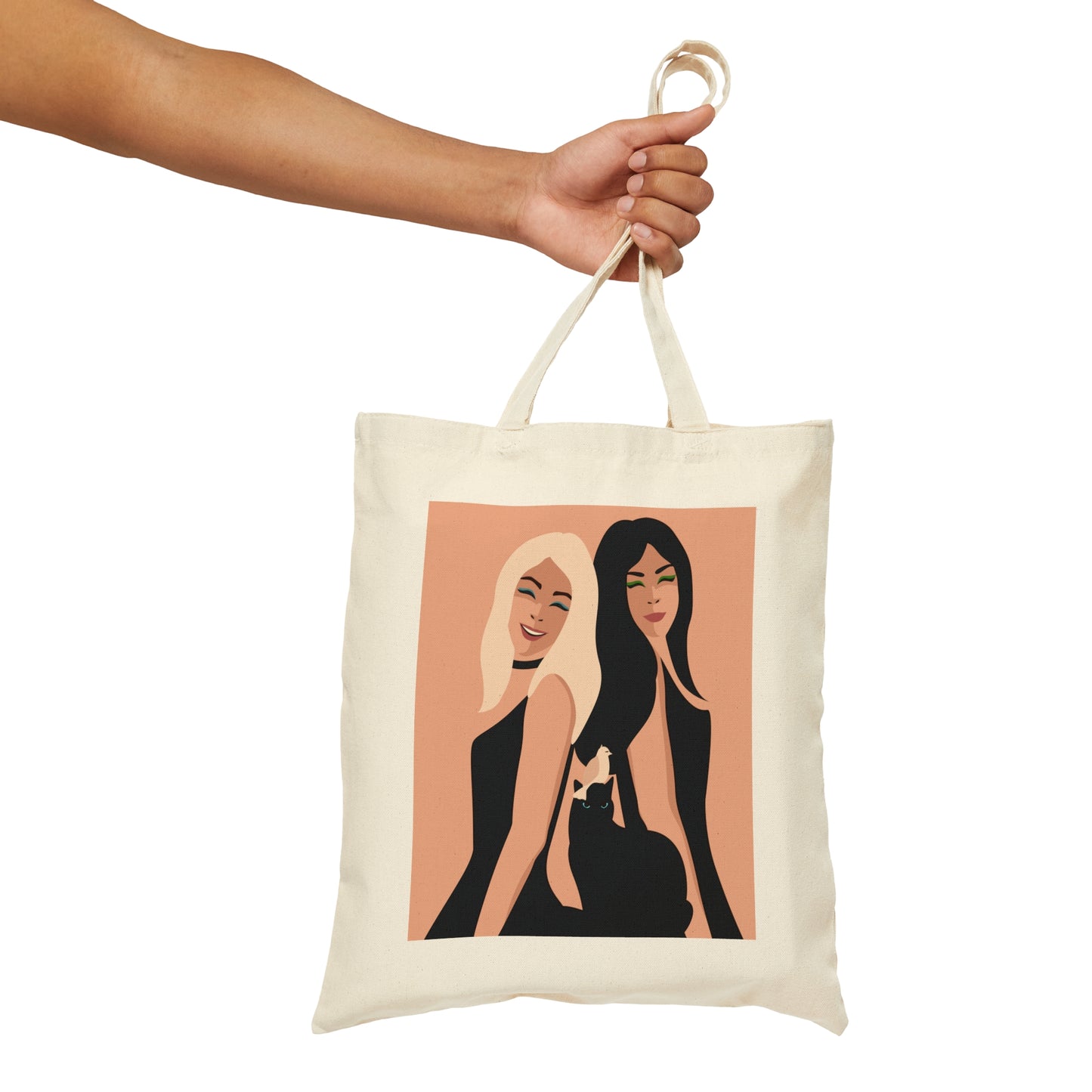 Women With Black Cat and Bird Canvas Shopping Cotton Tote Bag