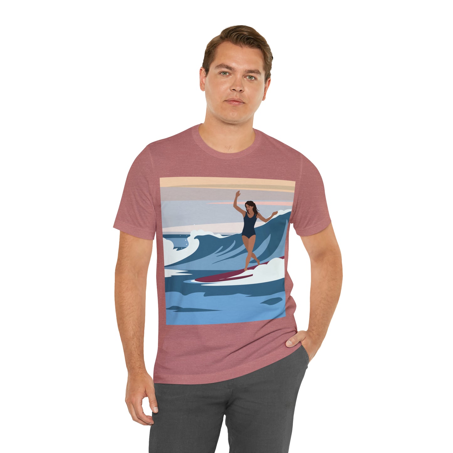 Serenity by the Sea Woman Surfing Art Unisex Jersey Short Sleeve T-Shirt