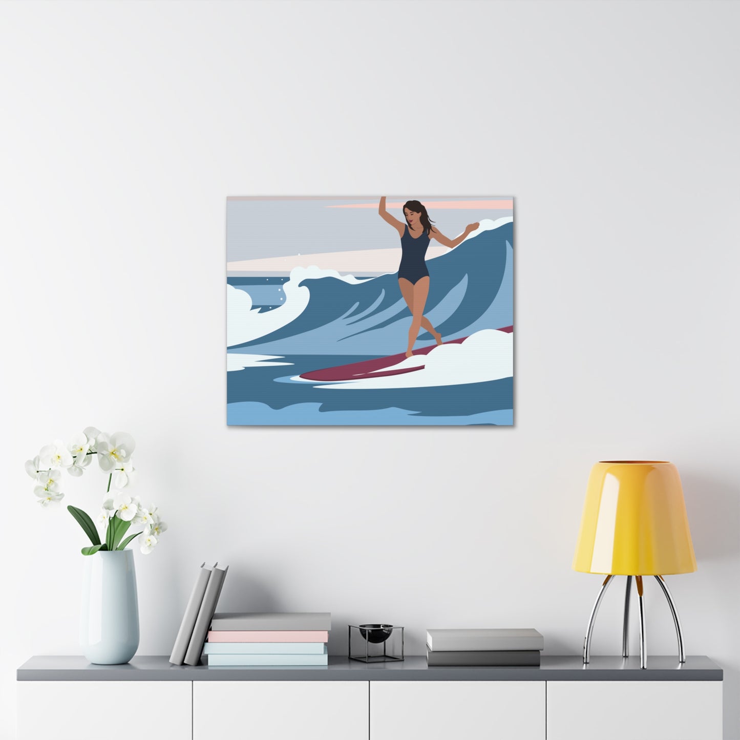 Serenity by the Sea Woman Surfing Art Canvas Aesthetic Canvas Gallery Wraps