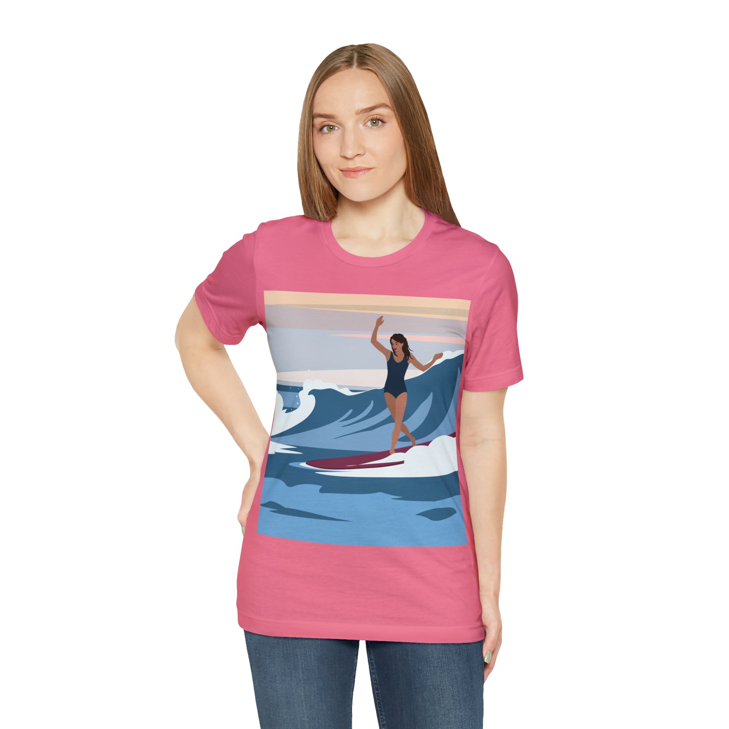 Serenity by the Sea Woman Surfing Art Unisex Jersey Short Sleeve T-Shirt