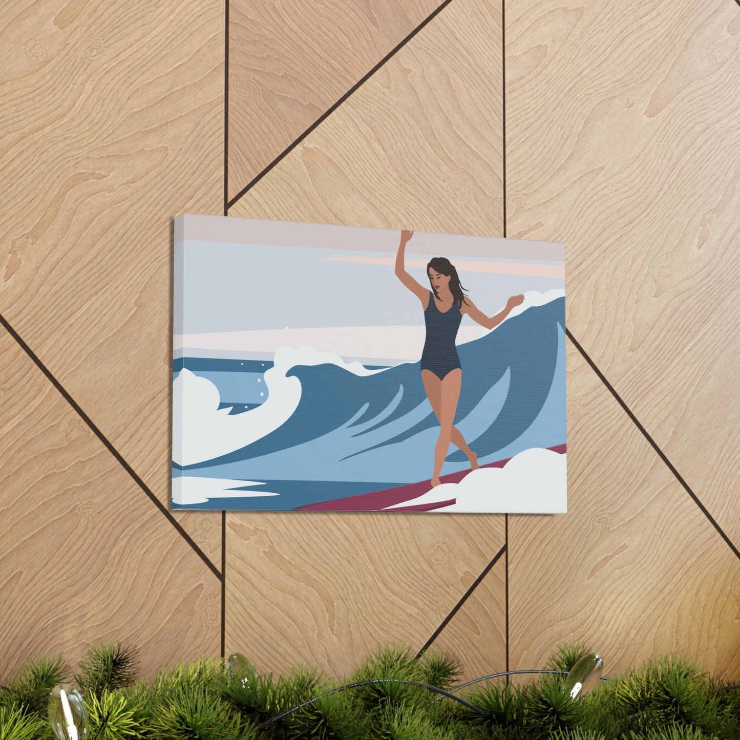 Serenity by the Sea Woman Surfing Art Canvas Aesthetic Canvas Gallery Wraps