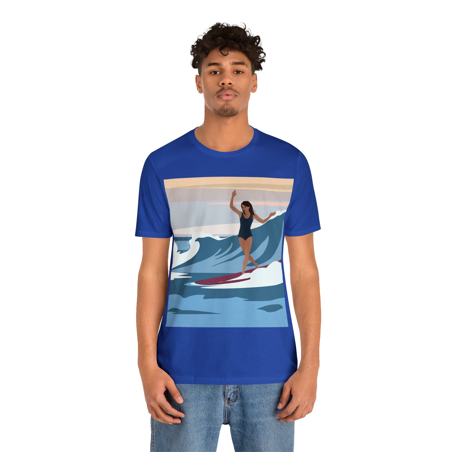 Serenity by the Sea Woman Surfing Art Unisex Jersey Short Sleeve T-Shirt