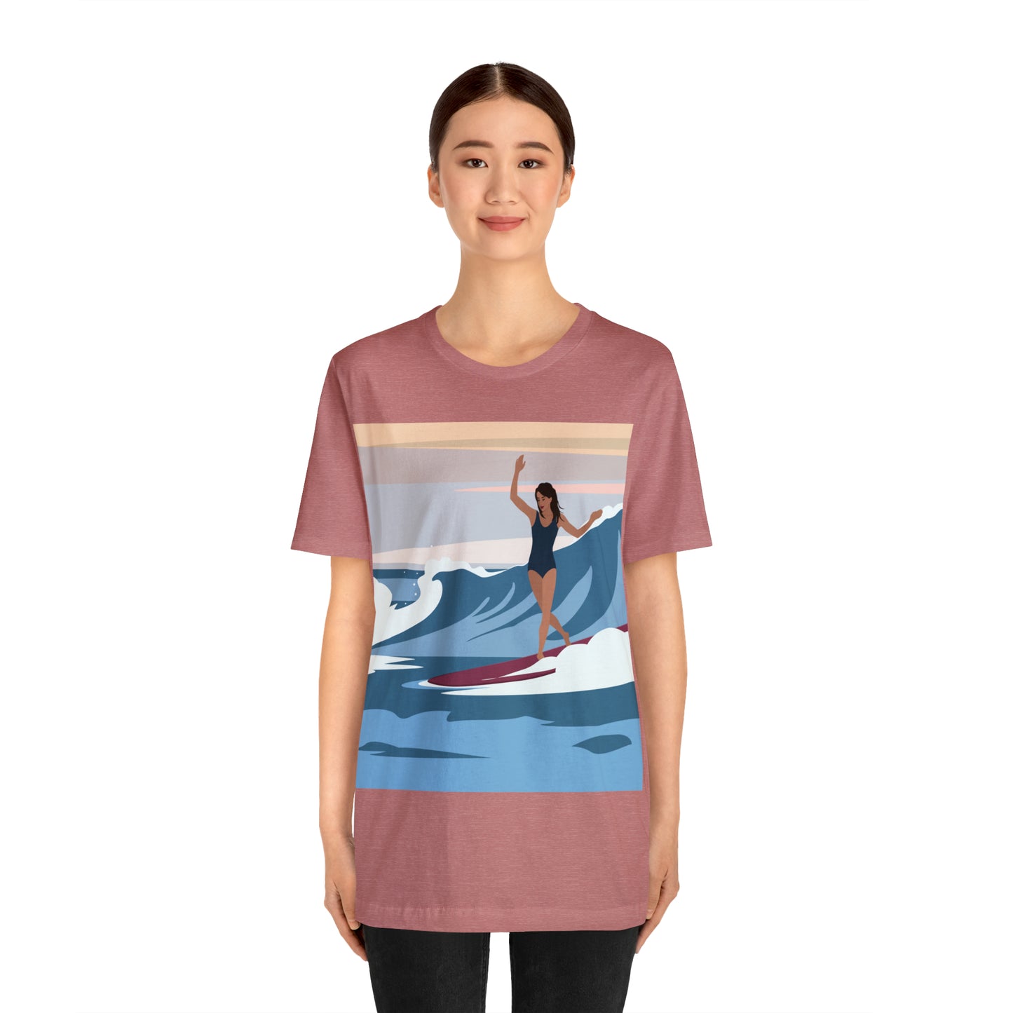 Serenity by the Sea Woman Surfing Art Unisex Jersey Short Sleeve T-Shirt