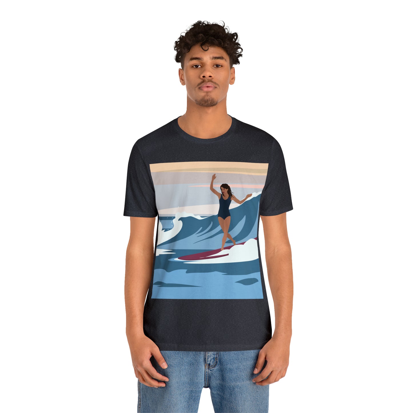 Serenity by the Sea Woman Surfing Art Unisex Jersey Short Sleeve T-Shirt