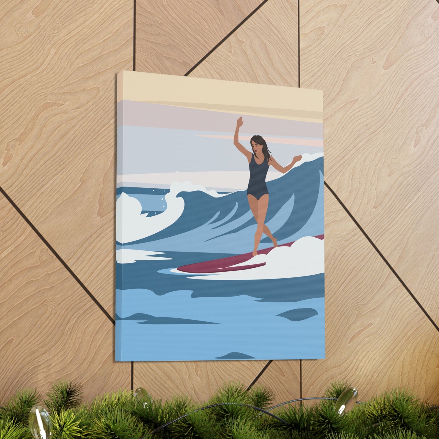 Serenity by the Sea Woman Surfing Art Canvas Aesthetic Canvas Gallery Wraps