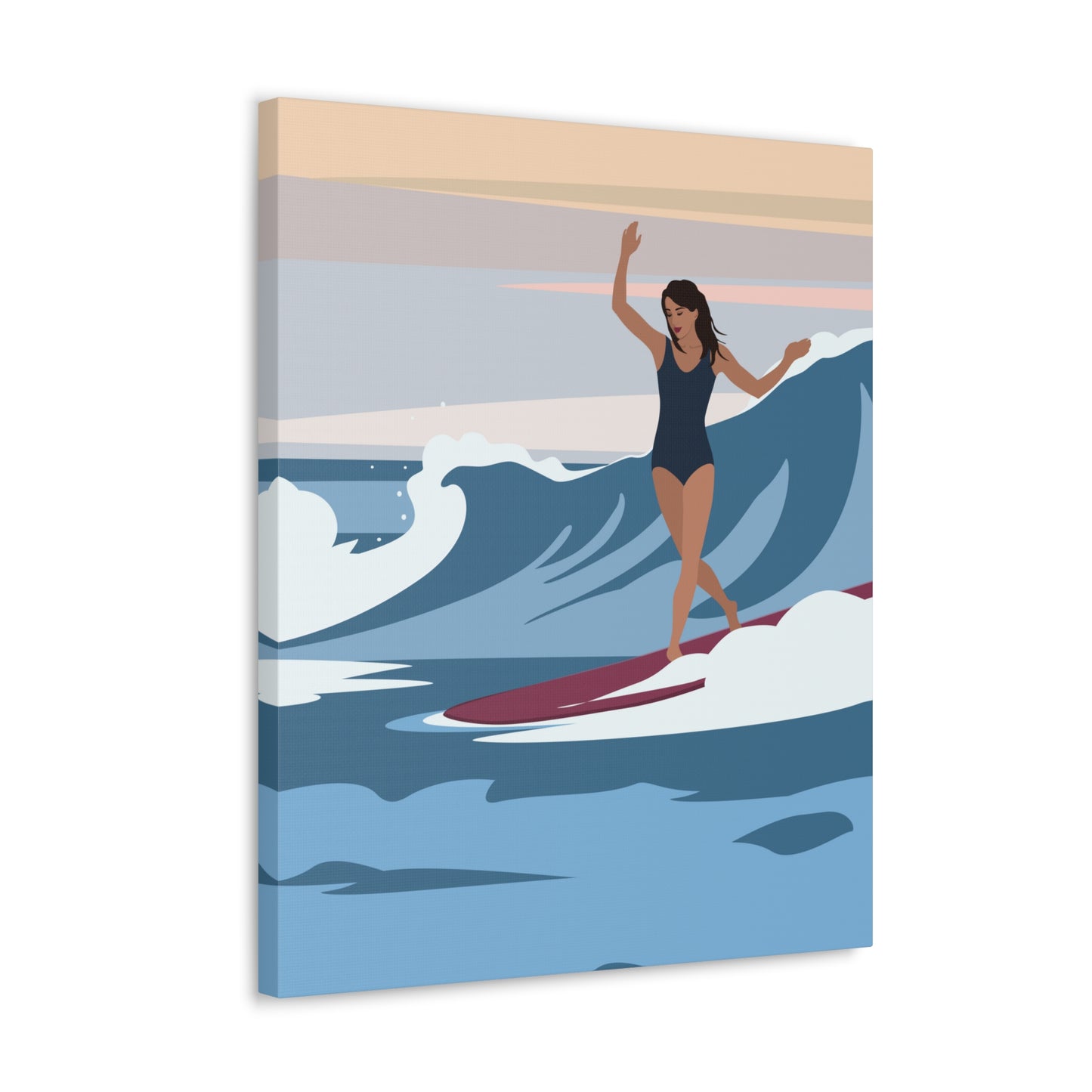 Serenity by the Sea Woman Surfing Art Canvas Aesthetic Canvas Gallery Wraps