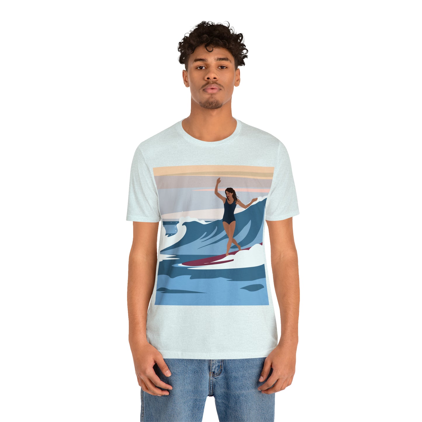 Serenity by the Sea Woman Surfing Art Unisex Jersey Short Sleeve T-Shirt