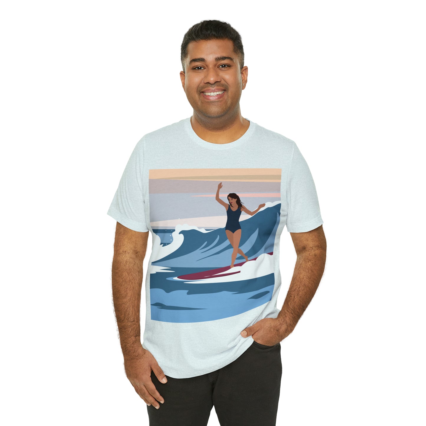 Serenity by the Sea Woman Surfing Art Unisex Jersey Short Sleeve T-Shirt