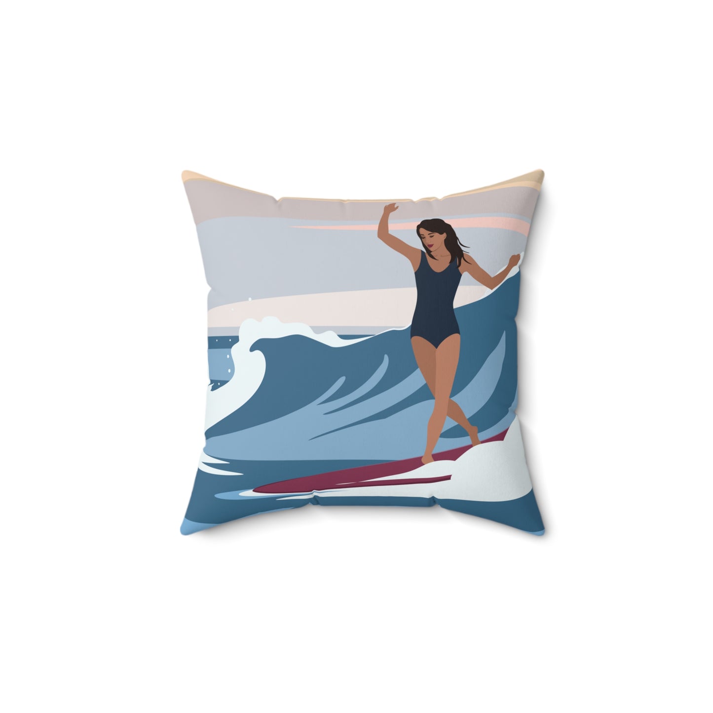 Serenity by the Sea Woman Surfing Art Spun Polyester Square Pillow