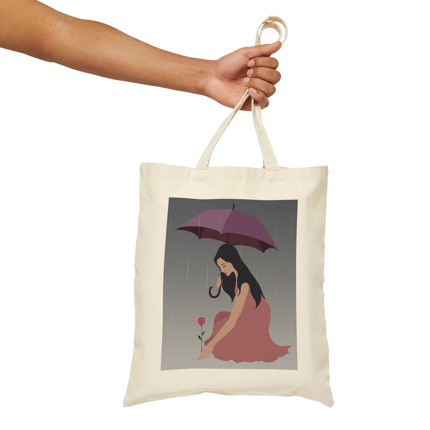 Woman with Umbrella Cartoon Art Walking in the Rain Canvas Shopping Cotton Tote Bag