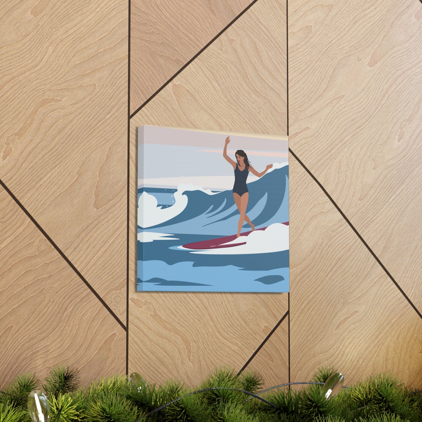 Serenity by the Sea Woman Surfing Art Canvas Aesthetic Canvas Gallery Wraps