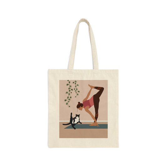 Yoga Cat With Girl Sport Lovers Canvas Shopping Cotton Tote Bag