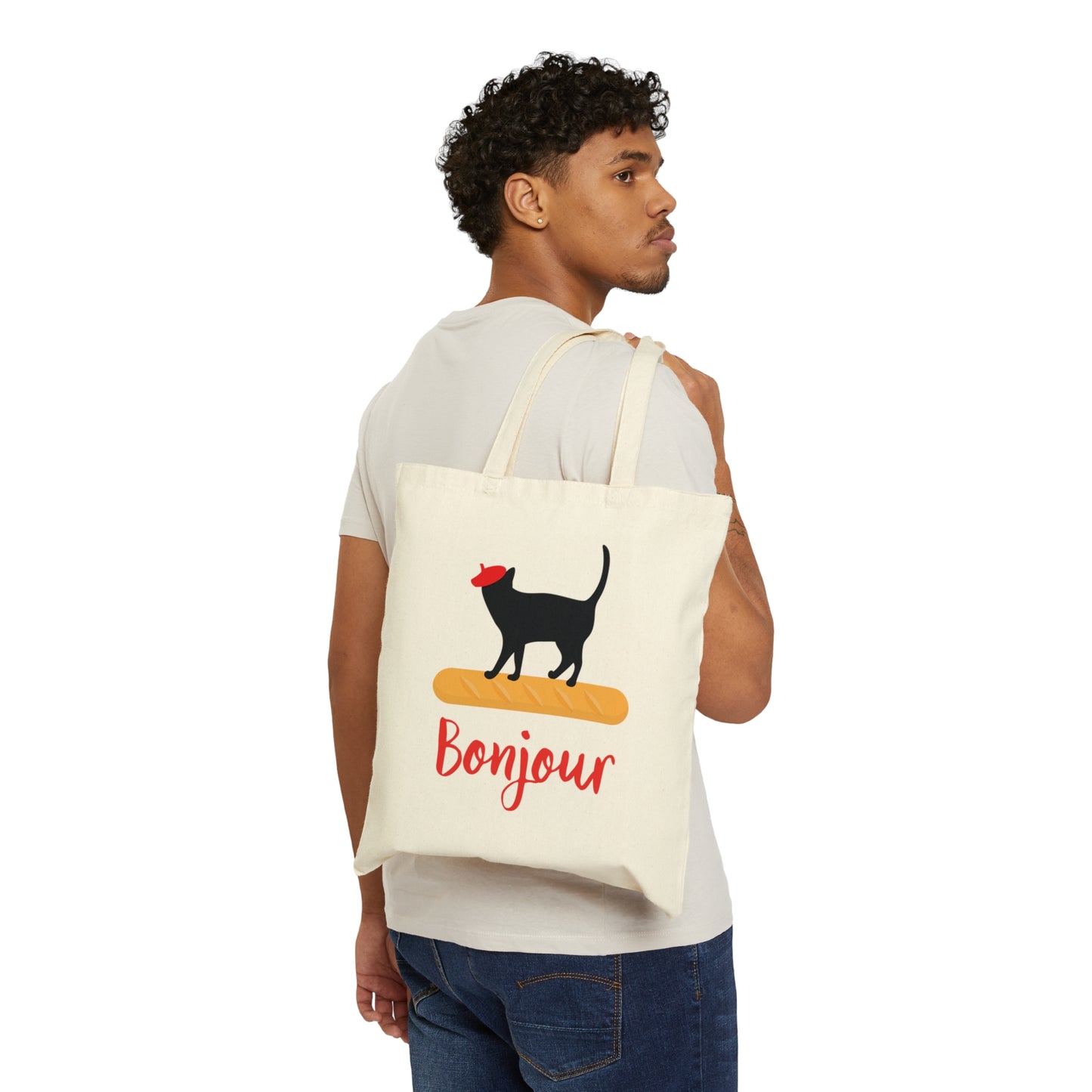 French Style Bread Black Cat Bonjour Canvas Shopping Cotton Tote Bag