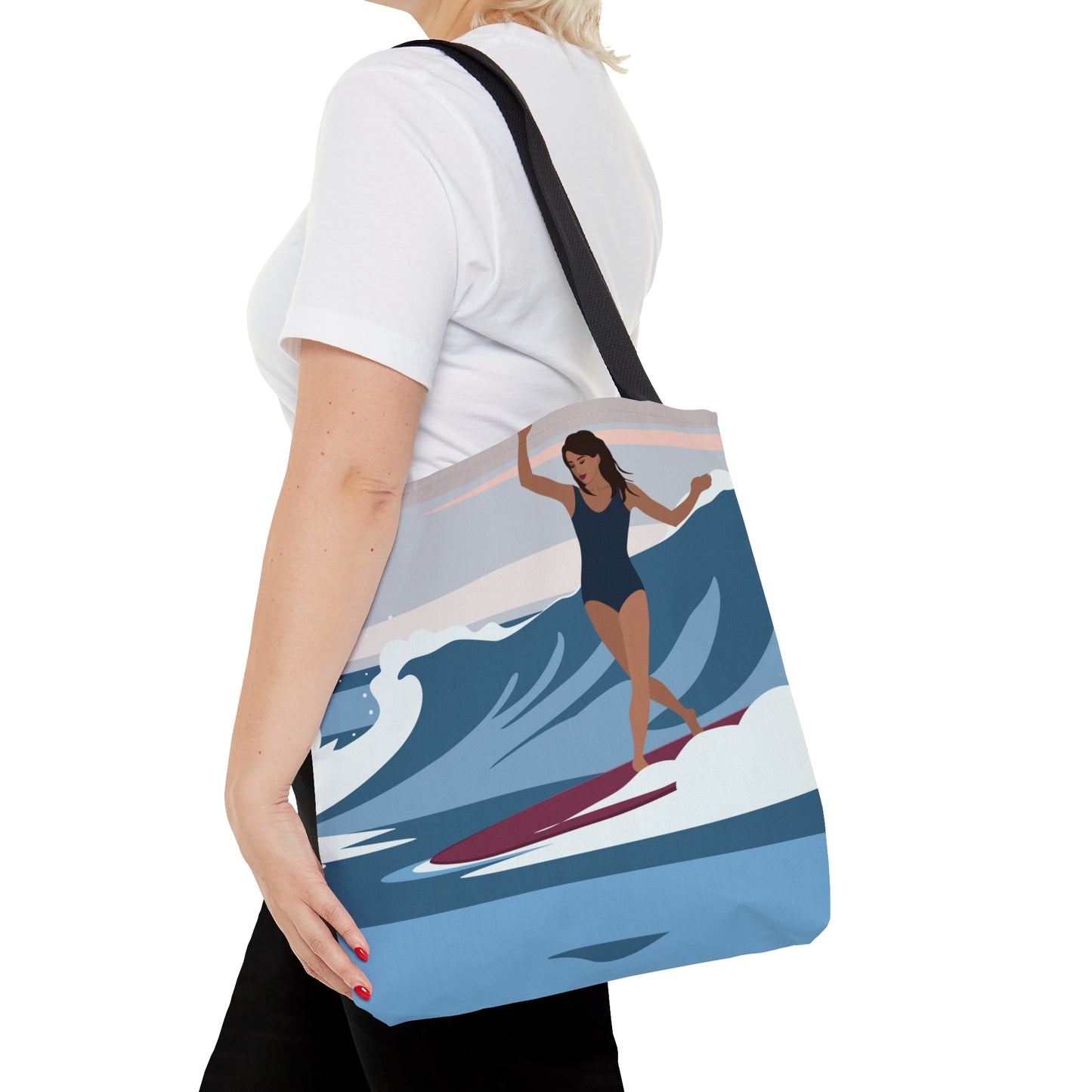 Serenity by the Sea Woman Surfing Art AOP Tote Bag