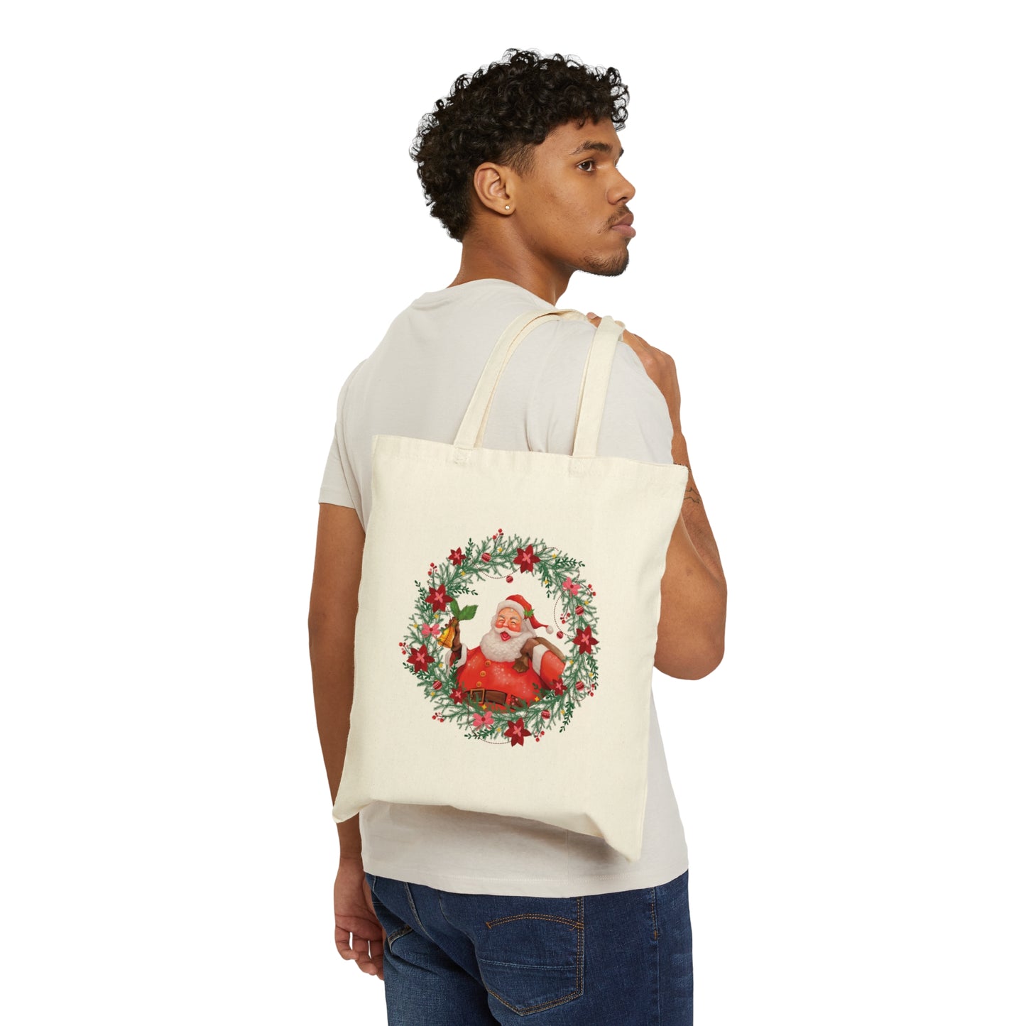 Christmas Wreath Santa Claus Traditional Canvas Shopping Cotton Tote Bag