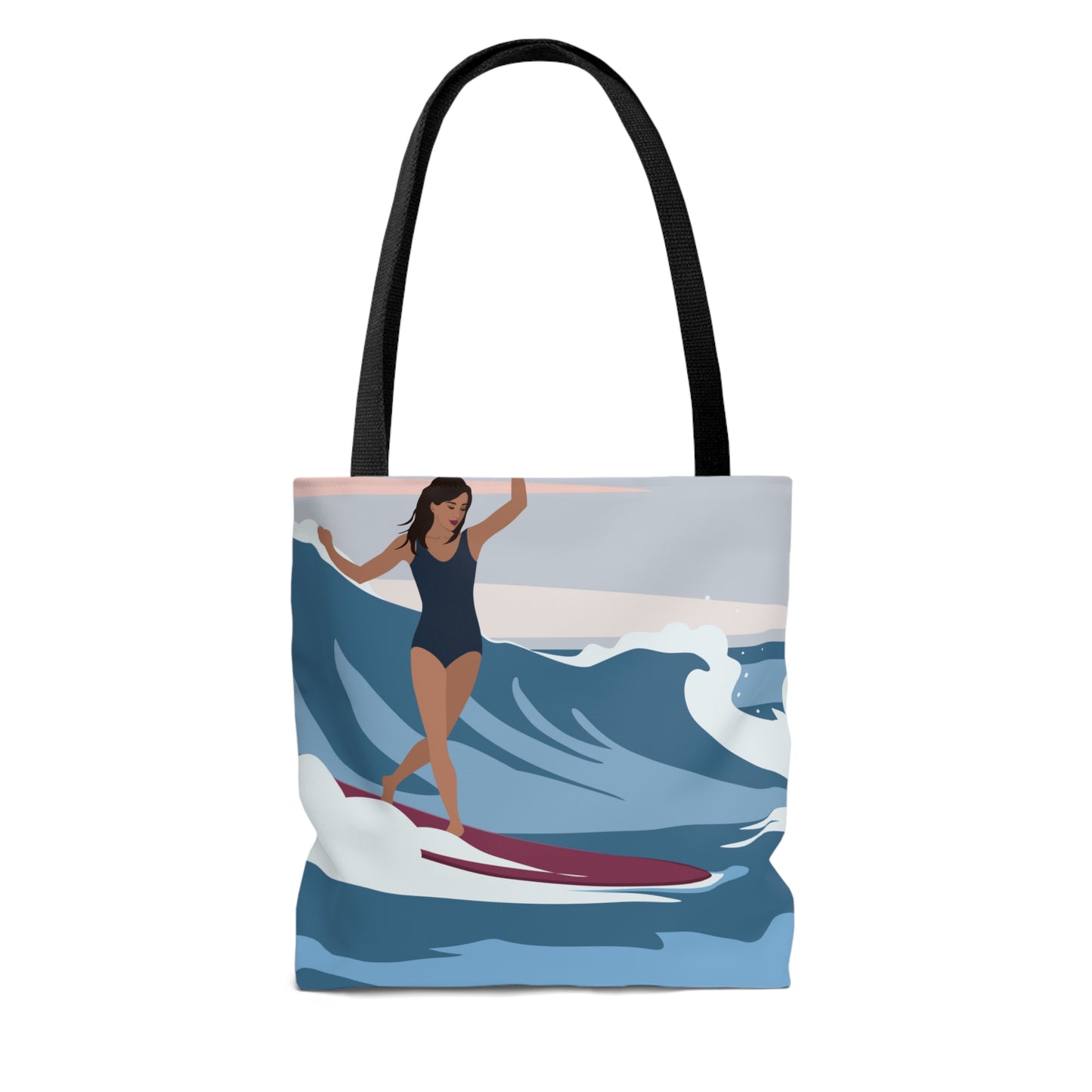 Serenity by the Sea Woman Surfing Art AOP Tote Bag