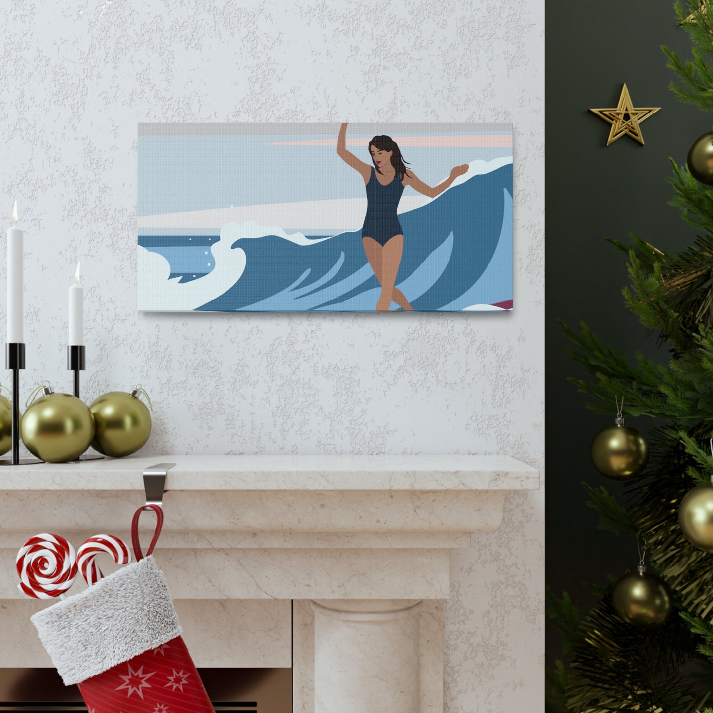 Serenity by the Sea Woman Surfing Art Canvas Aesthetic Canvas Gallery Wraps