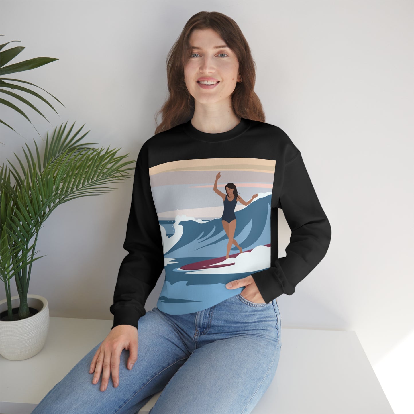 Serenity by the Sea Woman Surfing Art Unisex Heavy Blend™ Crewneck Sweatshirt