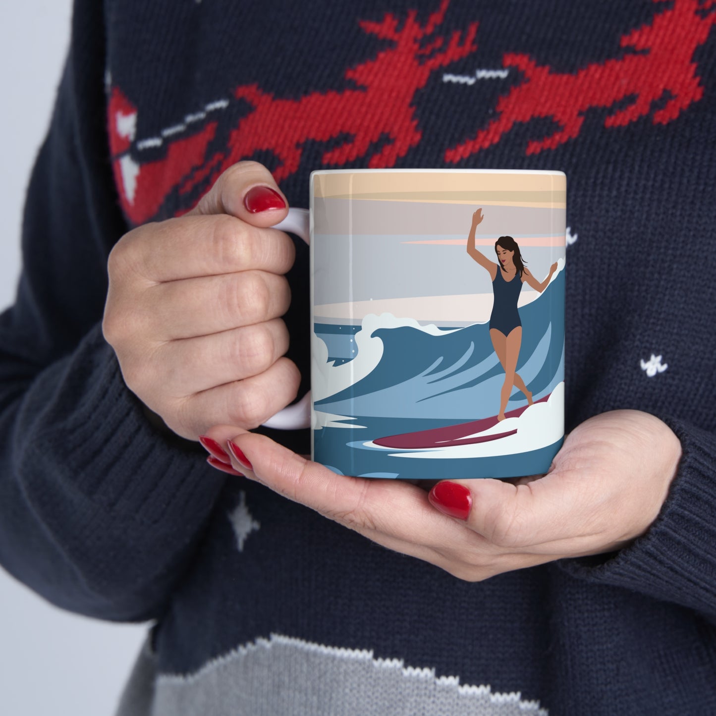 Serenity by the Sea Woman Surfing Art Ceramic Mug 11oz