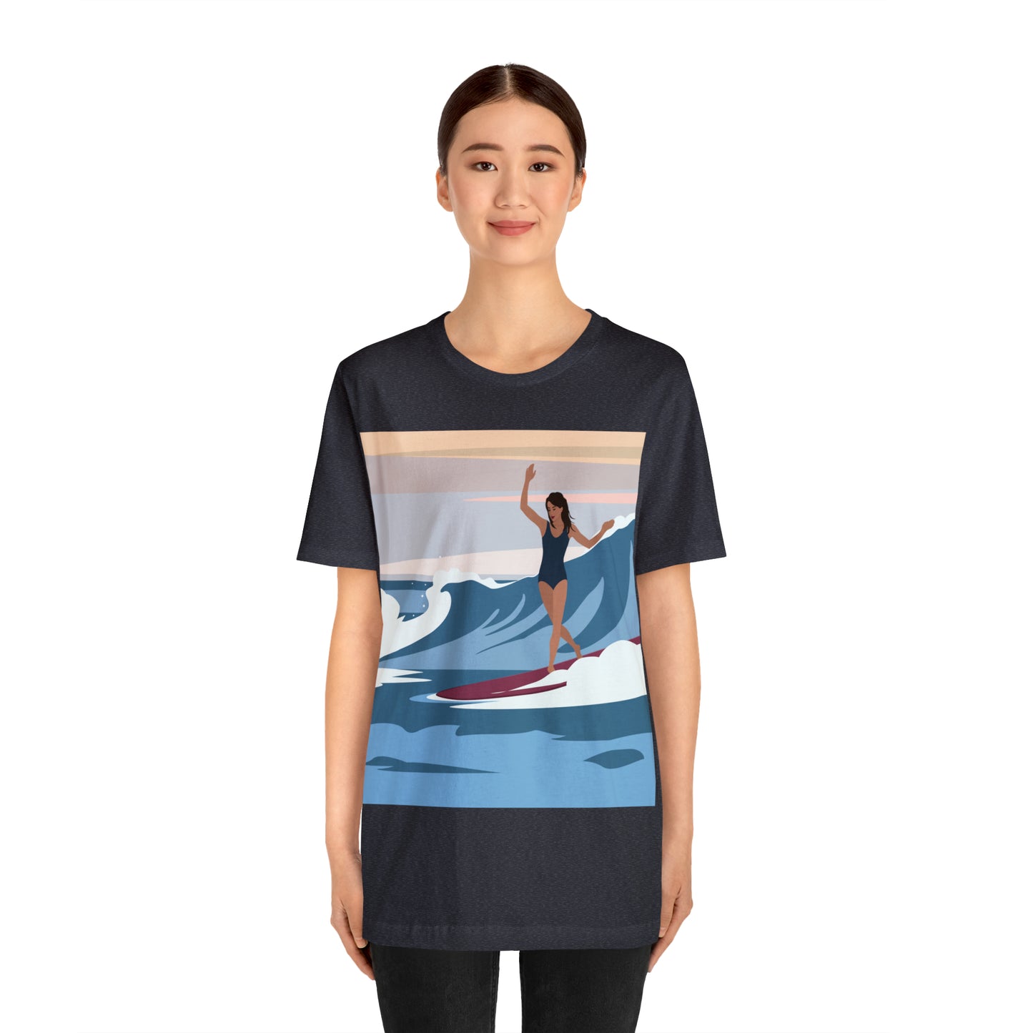 Serenity by the Sea Woman Surfing Art Unisex Jersey Short Sleeve T-Shirt