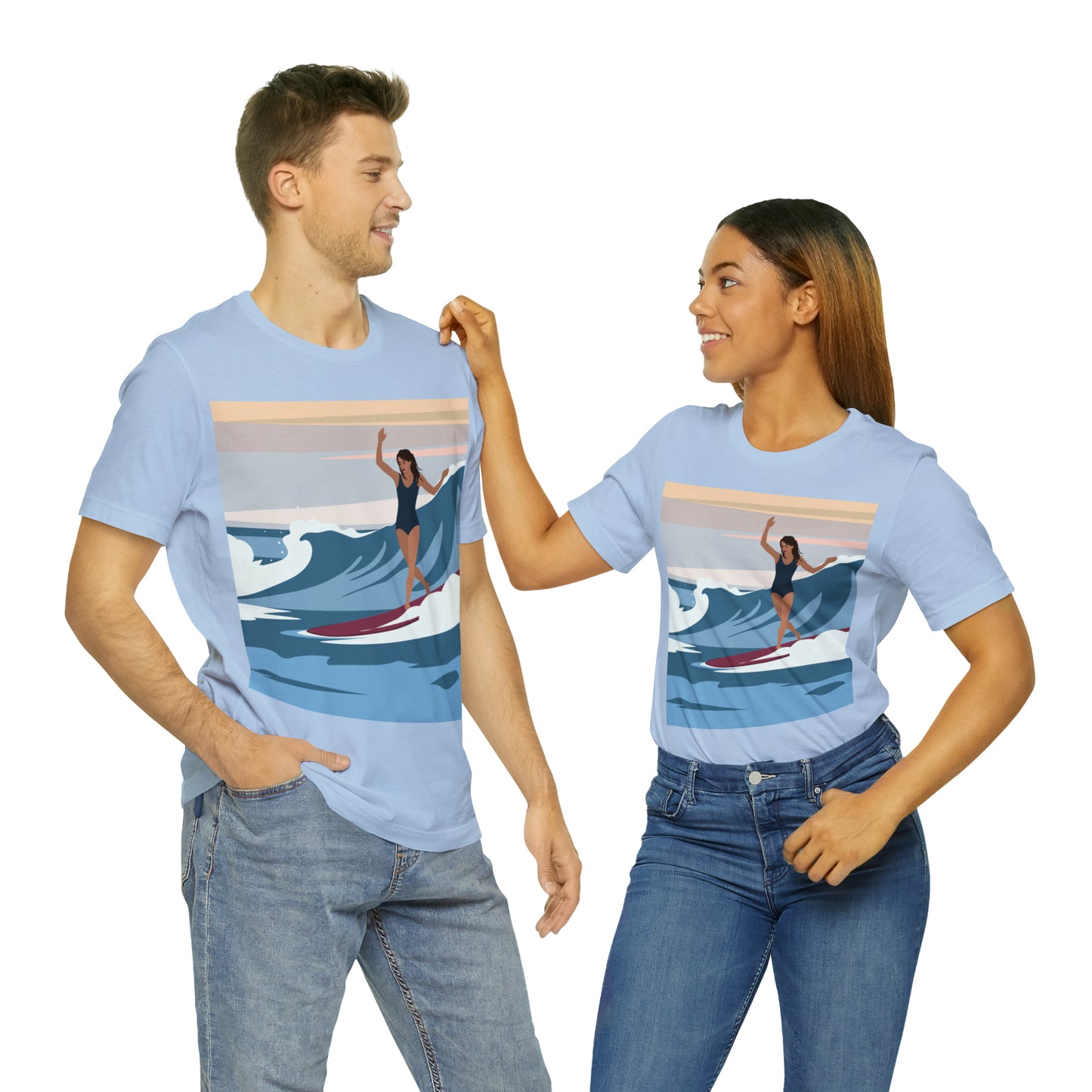 Serenity by the Sea Woman Surfing Art Unisex Jersey Short Sleeve T-Shirt