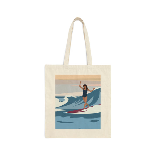 Serenity by the Sea Woman Surfing Art Canvas Shopping Cotton Tote Bag
