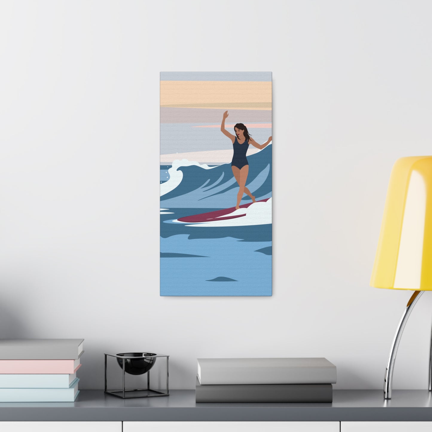 Serenity by the Sea Woman Surfing Art Canvas Aesthetic Canvas Gallery Wraps