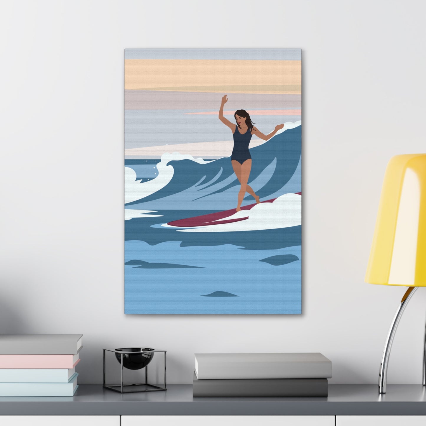 Serenity by the Sea Woman Surfing Art Canvas Aesthetic Canvas Gallery Wraps