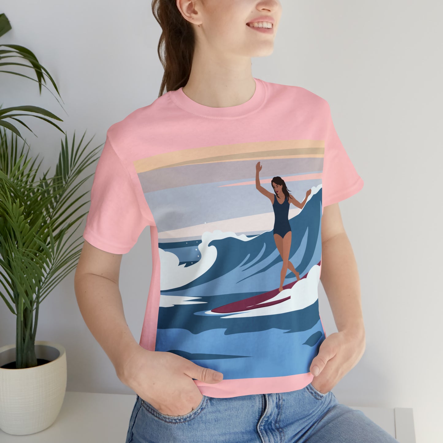 Serenity by the Sea Woman Surfing Art Unisex Jersey Short Sleeve T-Shirt