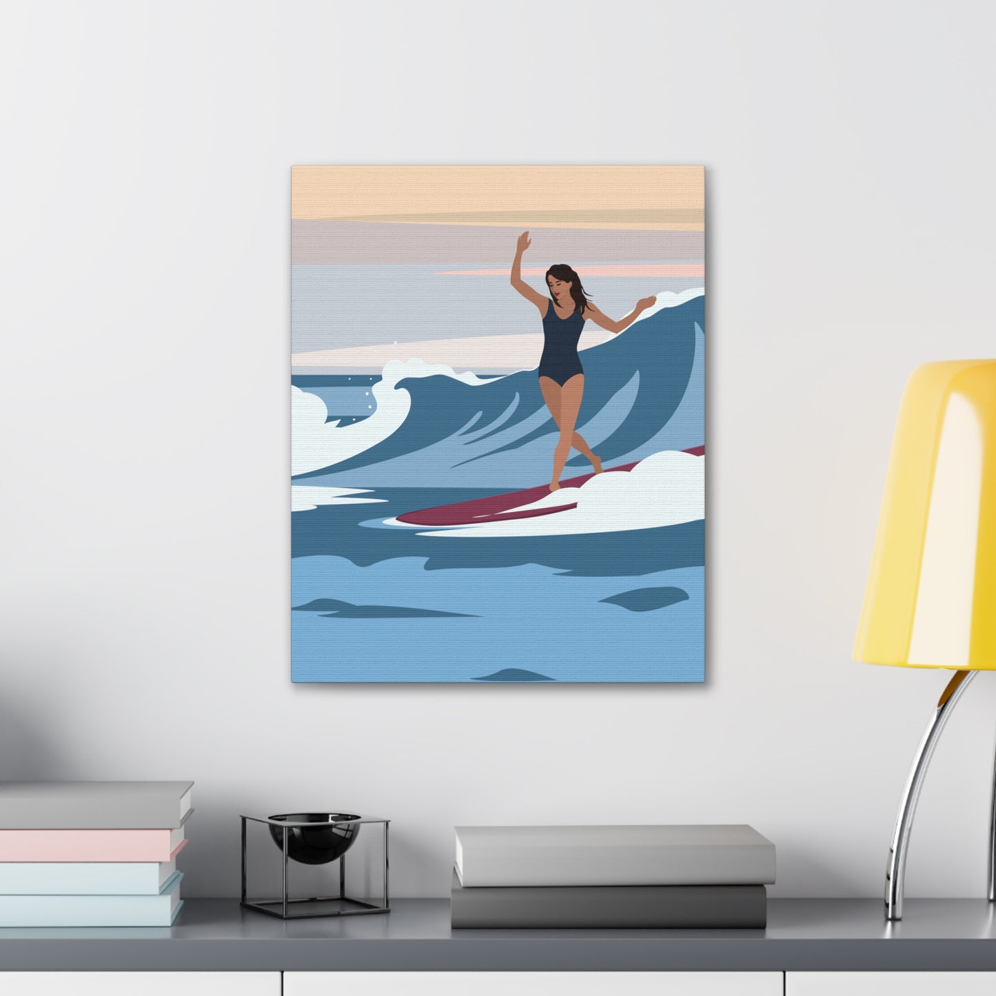 Serenity by the Sea Woman Surfing Art Canvas Aesthetic Canvas Gallery Wraps