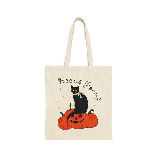 Hocus Pocus Halloween Black Cat Watching Art Canvas Shopping Cotton Tote Bag