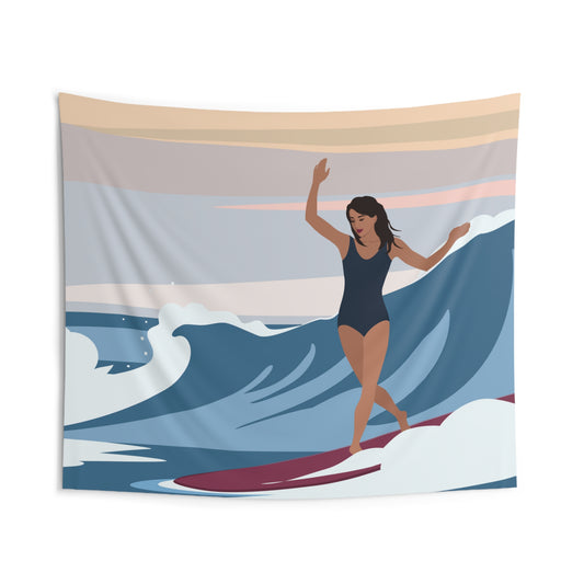 Serenity by the Sea Woman Surfing Art Indoor Wall Tapestries