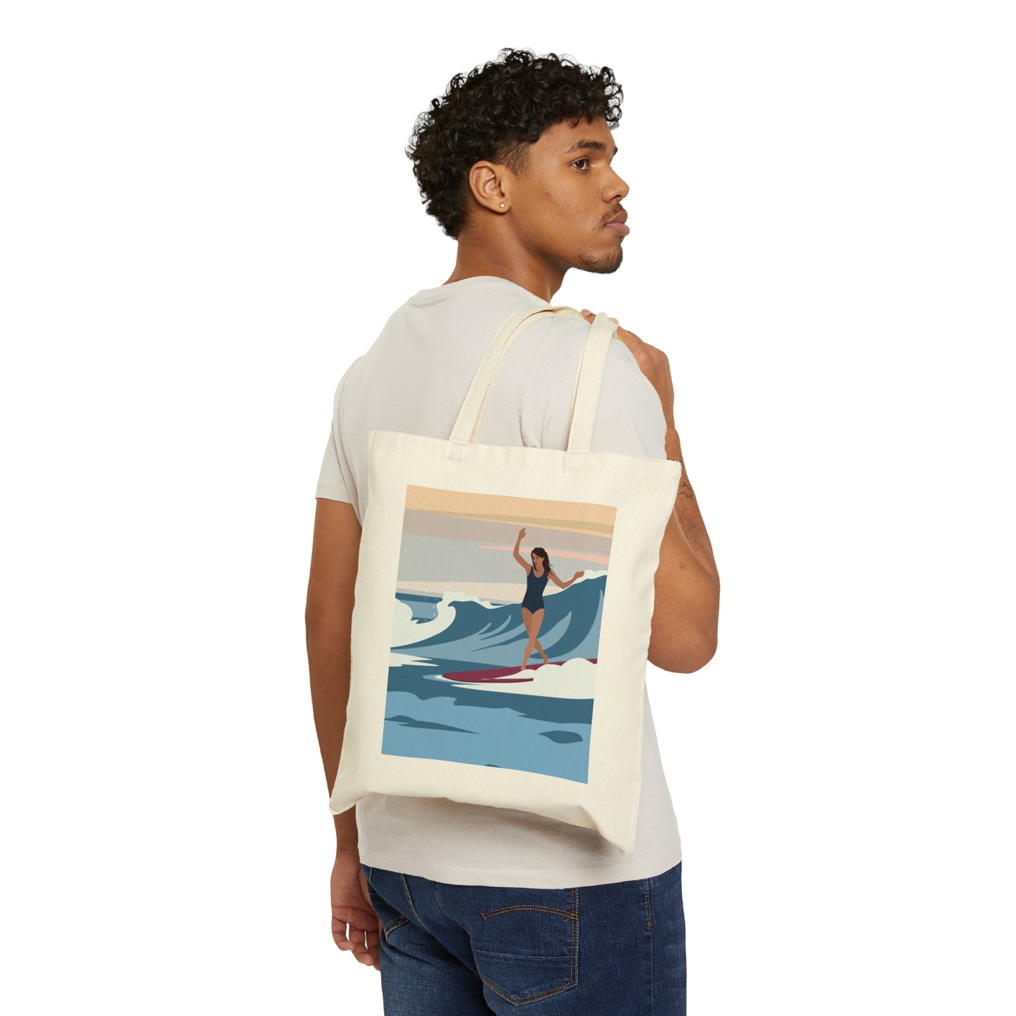 Serenity by the Sea Woman Surfing Art Canvas Shopping Cotton Tote Bag