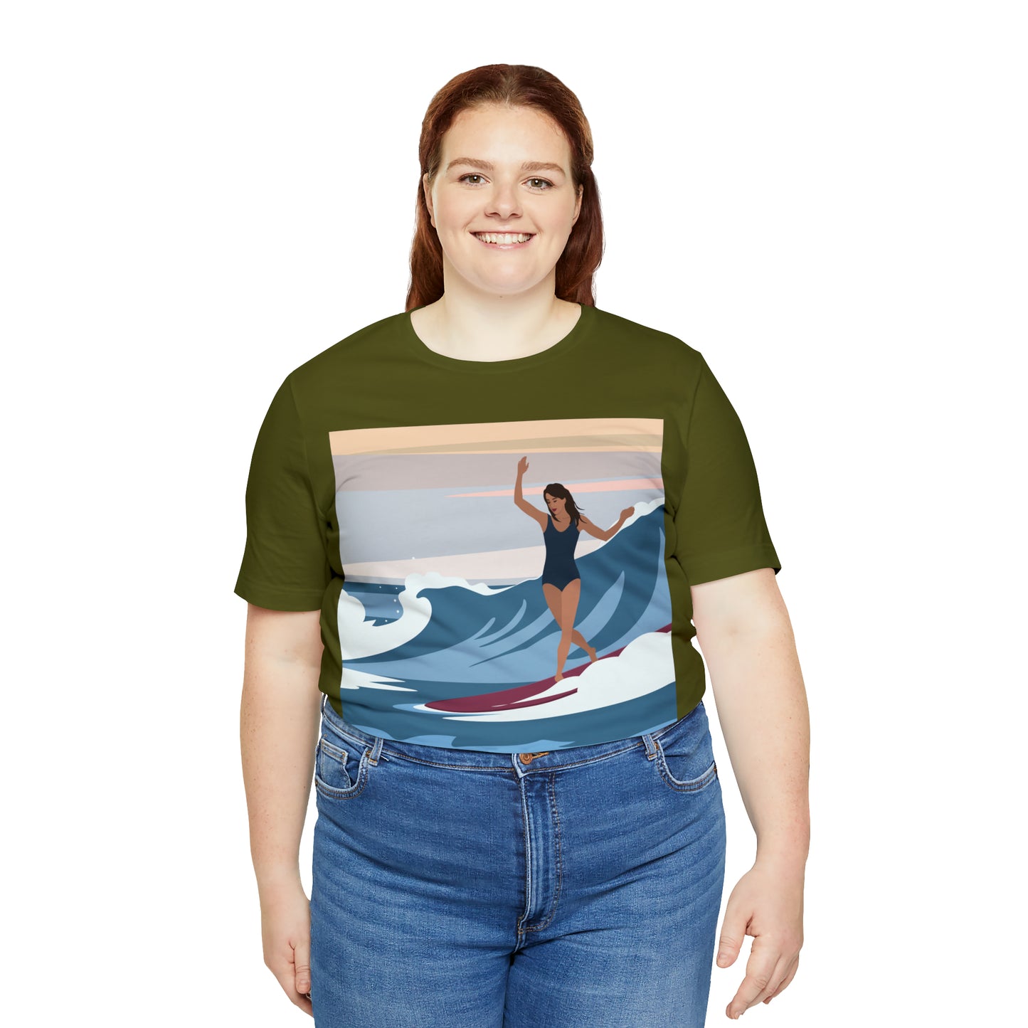 Serenity by the Sea Woman Surfing Art Unisex Jersey Short Sleeve T-Shirt